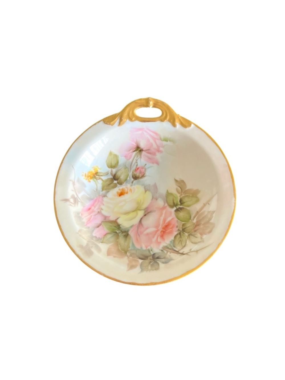 Antique Tirschenreuth P T Bavaria Nappy Serving Plate Handle Floral Hand Painted